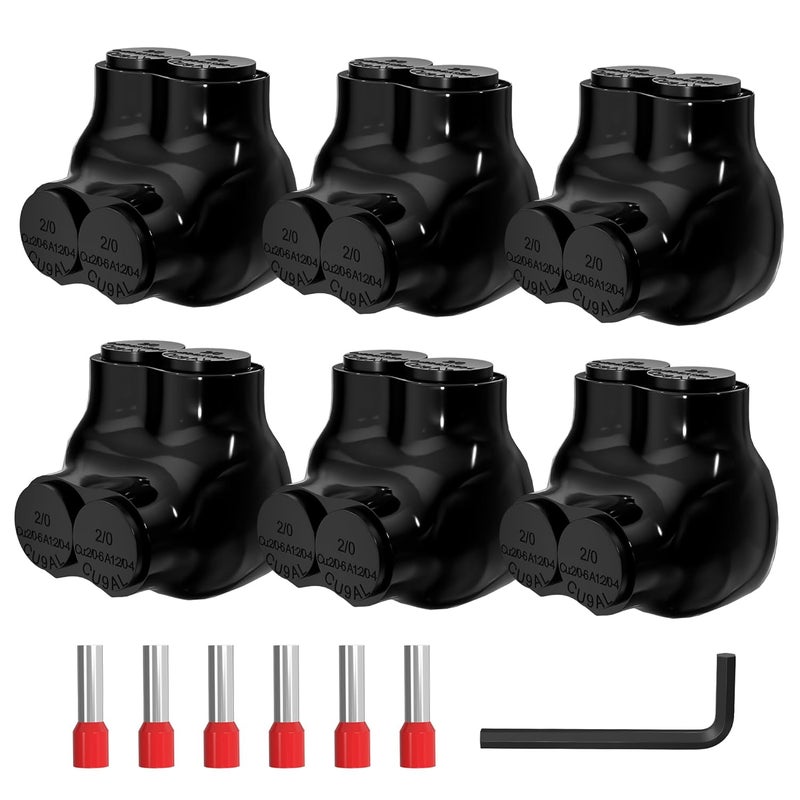 Joinfworld 2 Port Insulated Multi Tap Connector 2/0-6 Gauge Wire Connectors Aluminum to Copper Wire Connectors Single Side Entry Black Electrical Cable Connectors with Slotted Allen Hex - 6 Pack - Image 1